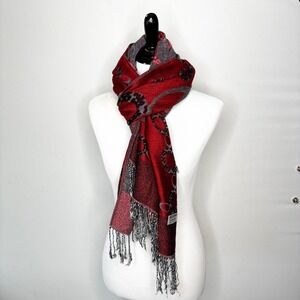Pashmina Silk Blend Scarf Red Grey Black Geometric Circle Fringe Wrap 70x28